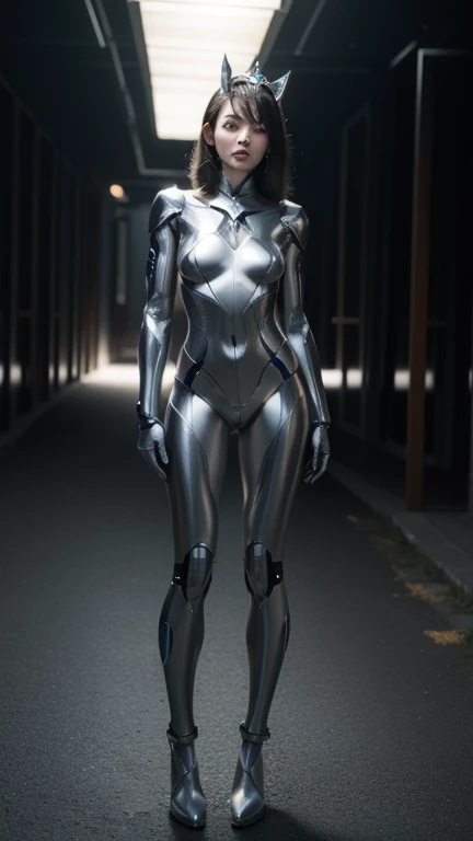 female cyborg, cum in pussy, silver metal robot body, from below, metallic skin, metal body, anime, long hair, full body