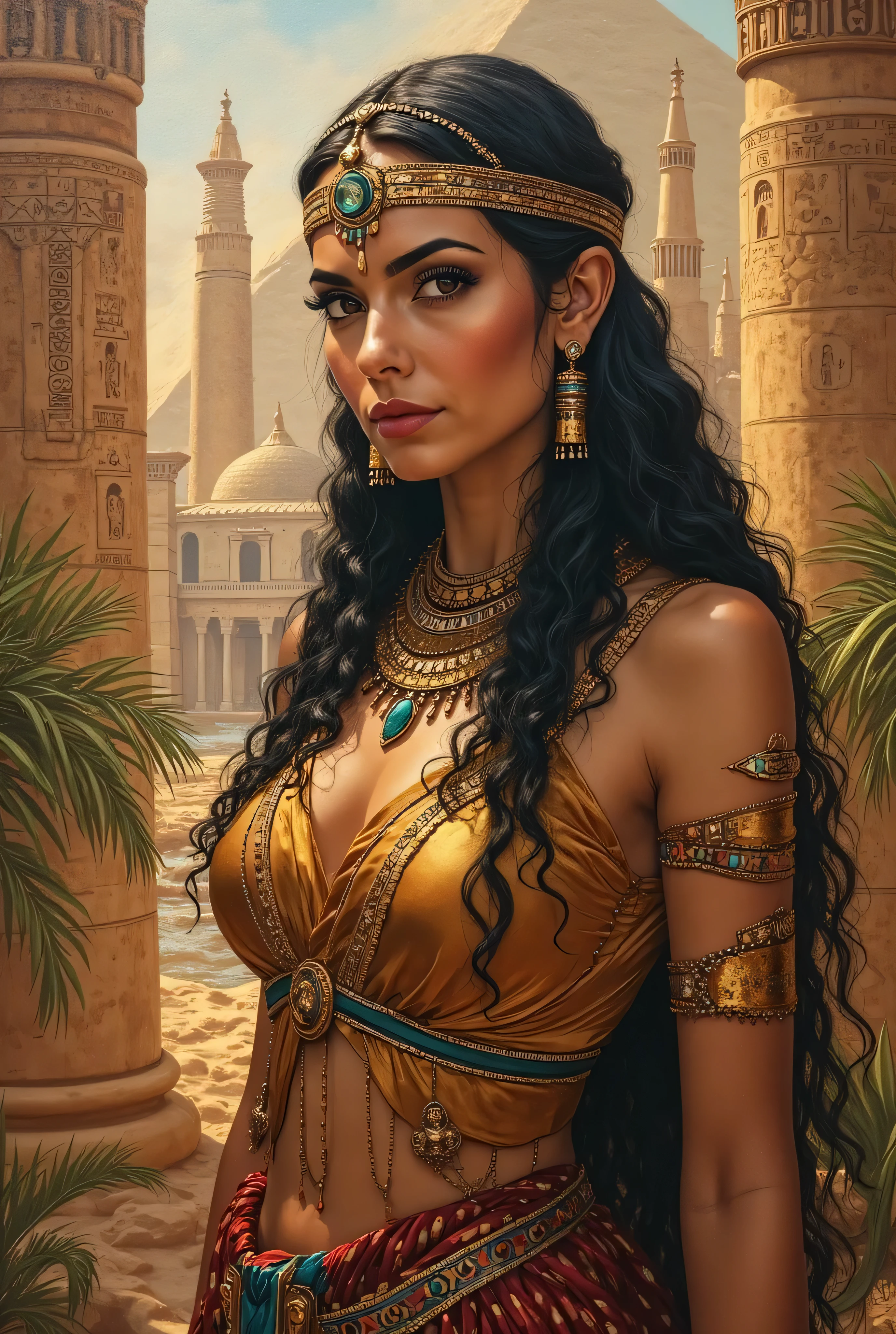 (masterpiece, top quality, best quality, official art, beautiful and aesthetic:1.2), (1girl:1.3), long wavy black hair, tanned skin, extremely detailed, portrait, looking at viewer, solo, (full body:0.6), detailed background, close up, mischievous eyes, (hot summer desert Arabia theme:1.1), Persian duelist woman, dark makeup, charlatan, smirk, mysterious, walking in desert, revealing blue and gold and sapphire Arabian harem girl attire, see through clothes, sheer fabric, poofy blue pants, tight tube top, jewelry, armlets, elaborate necklaces, blue fabric, gold jewelry, precious stones, scimitar, curved sword, ((((gigantic breasts, cleavage, skindentation)))), slim waist, slim hips, long legs, ancient (Arabian palace exterior:1.1) background, dark mysterious lighting, shadows, magical atmosphere, dutch angle,