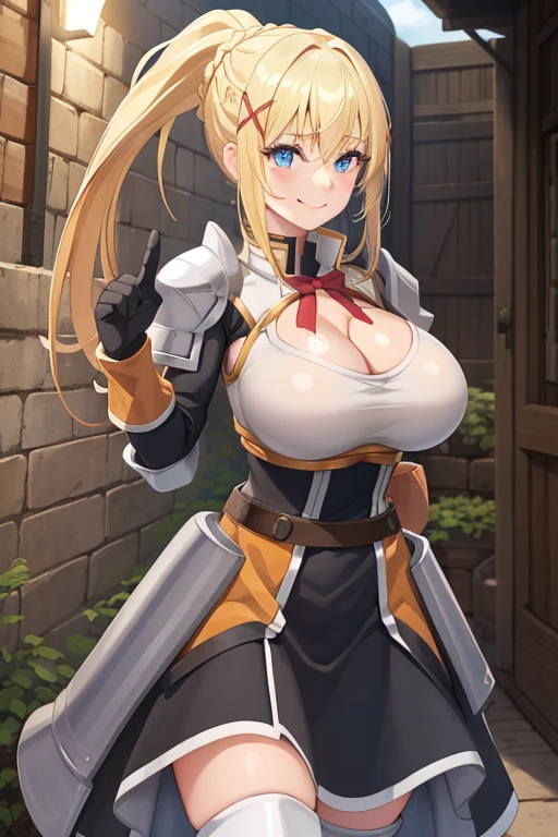{{{Browsing Caution:1.5}}},{{{Grab your chest:1.5}}},{{{Breast milk:1.5}}}, Highest quality, High resolution, One girl, Long Hair, Blonde, x hair ornaments, armor, blue eyes, ponytail, hair ornaments, gloves, shoulder armor, Braiding, black gloves, Scapula, White boots, darkness \(KonoSuba\), Large Breasts, Cowboy Shot, village, Outdoor, (Excited:1.2), blush, Mouth closed, (Micro Bikini:1.4),