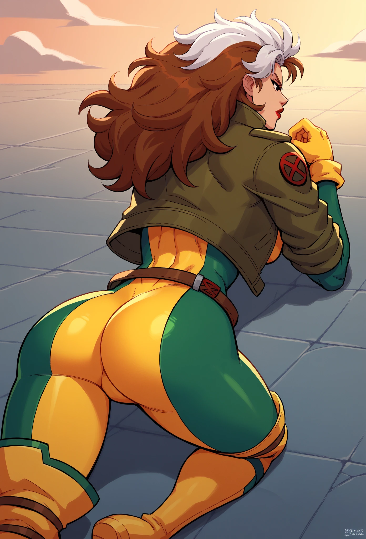 Mujer de cuerpo perfecto, small breast, cabello undercut, lying on the ground, camera from behind, adult female superhero costume ((comic style)), Amazing artwork, piel oscura, ojos verdes, He wears a superhero costume with green glowing eyes. ((peinado largo marron)), labios gruesos, ((rojo apretado, correa)), piernas perfectas , 8K, ((Fondo blanco)), Obra maestra, Mejor calidad