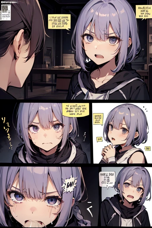 masutepiece, Best quality,illustration, the wallpaper, Ultra detail, Small-faced girls and harassers、(((harassing))),Beautiful detailed eyes, Medium and short hair, (fear:1.5)、(Teary-eyed:1.5)、Dark hair color、(((Cute blue panties)))、(校服)、Small breasts、Morester、onbed、((Touched girl))