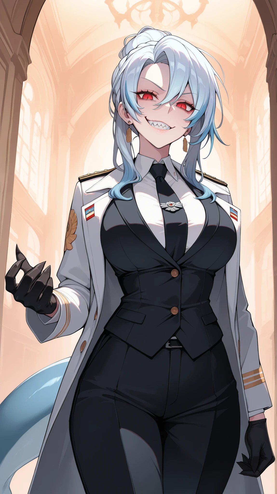 absurdres, (((Ultra HD))), (((Ultra High Quality))), ((hyper detailed)), ((Ultra High Resolution)), (Highly rendered), ((detailed eyes)), (((8K))), ((perfect face)), ((masterpiece)), cinematic, solo, 1girl, tall, wide smirk, sharp teeth, shark tail, shark girl, white shirt, business, jewelry, earrings, white coat, military coat, navy medals, black vest, tie, medium breasts, clawed gloves, black business pants, blue hair, hair bun, asymmetrical bangs, long side locks, red eyes, short hair, castle hallway