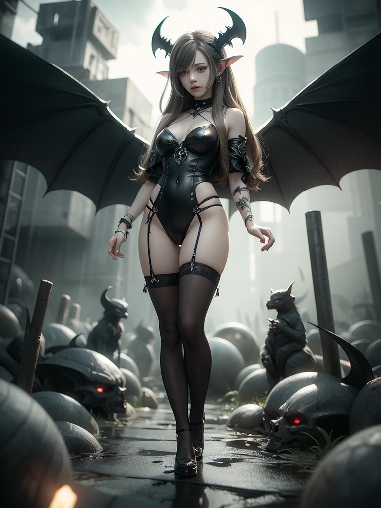 teen emma watson as a sexy demoness girl sitting on a fence. tight intricate costume. slender body. hellish landscape. day. background fire.