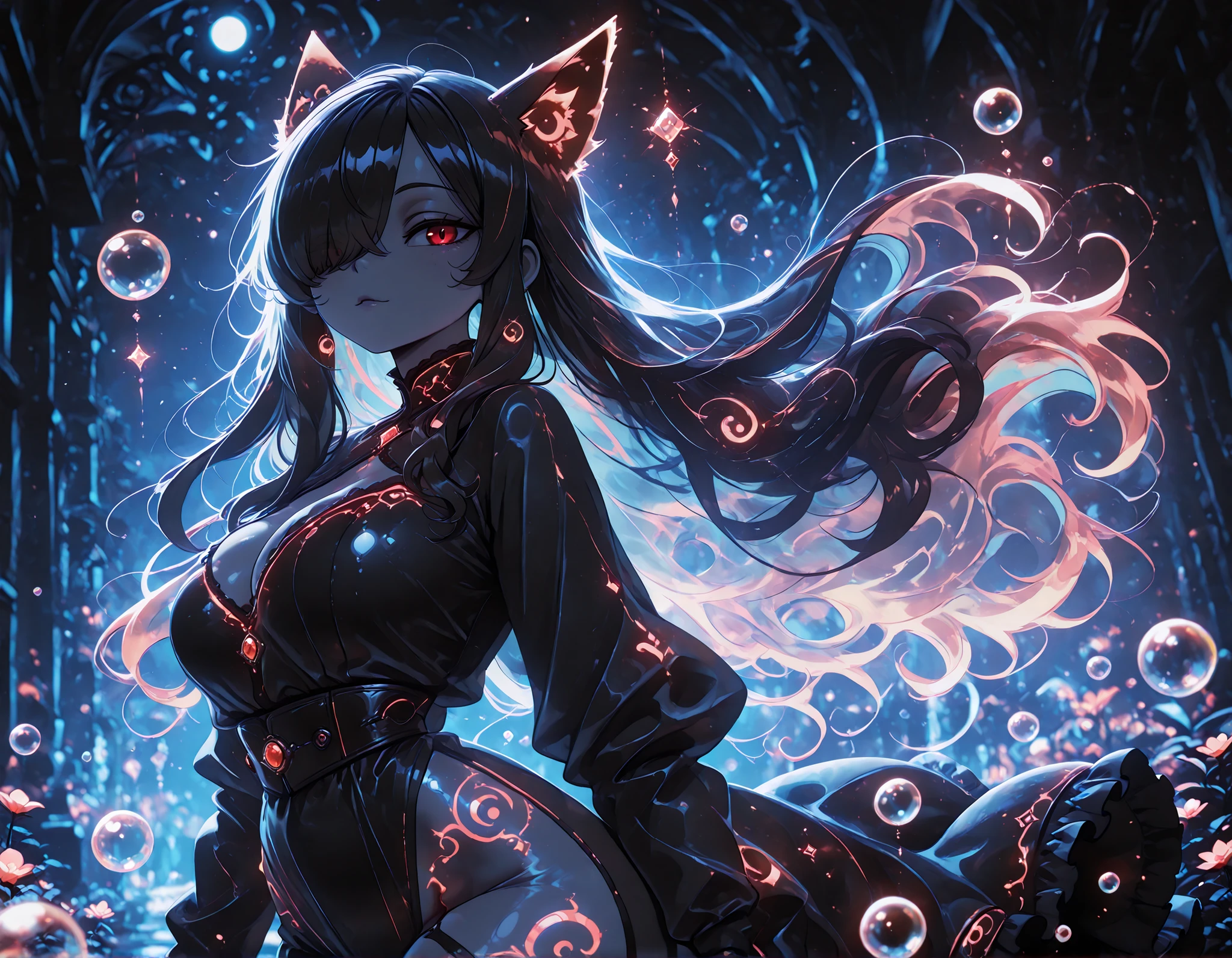 1girl, Kuroki Monika, black hair, very long hair, hair over right eye, red eyes, large breasts, petite, curvy, very cute Black color fashion outfit, Black Mantle,
walking,((( floating clothes,floating hair))),looking at viewer, from side, wind, night,
,(Masterpiece ),(best_quality ),(HD_eyes),(ultra_quality ),(Detailed),(scenery),(cinematic_lighting ),(depth),(detailed hands ),(colorful masterpiece ),(high-definition_eyes ),misty, bubble, fantasy, transparent jewel, transparent crystal, light, glow, shine, shining, fox silhouette in the background, neon colors, glowing, glow effect, vibrant colors, high contrast, fluorescent, luminescence, light effects, chromatic lighting, colorful lighting, bright outlines, neon lineart, dark background, digital art