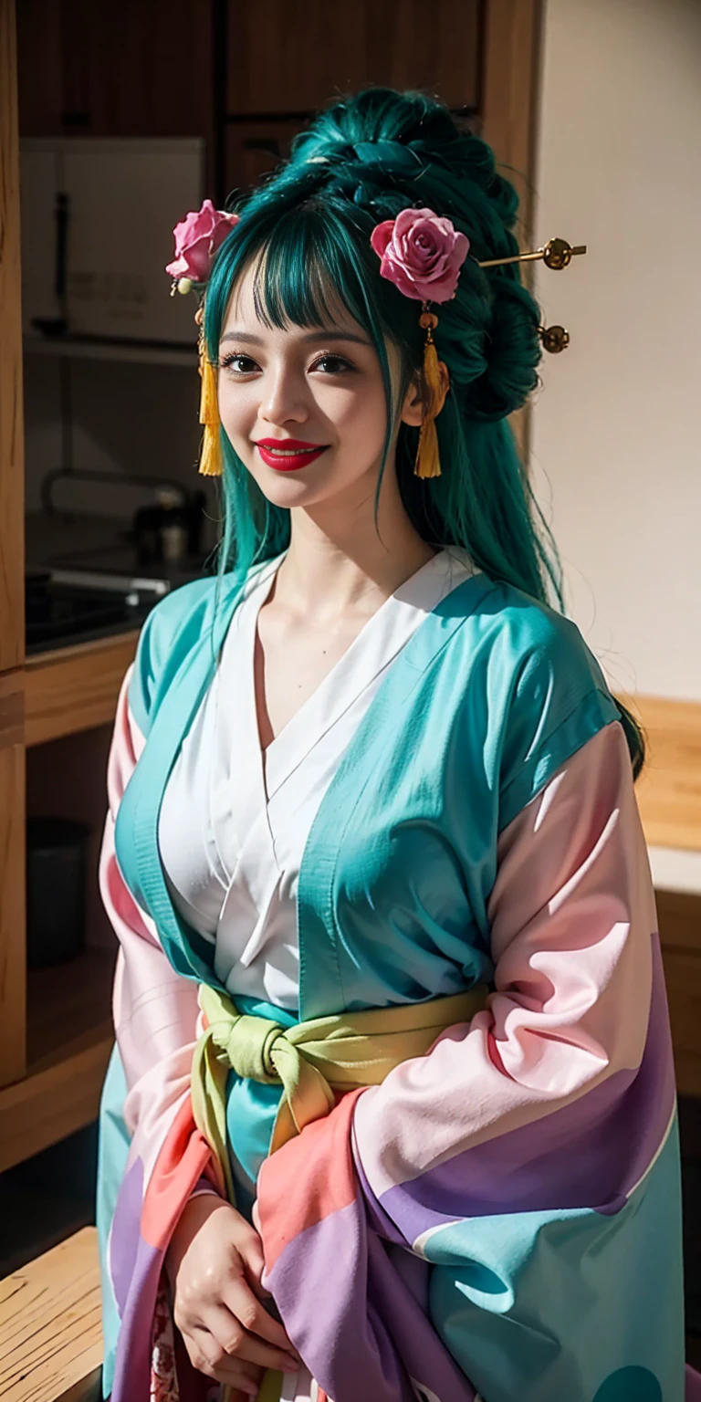 KozukiHiyori, ((masterpiece:1.4, best quality)), ((masterpiece, best quality)), (photo realistic:1.4), medium breasts, Japanese actress, big black eyes, cute, young, smiling, (aqua hair ), hair flower, pink kimono, makeup, kimono, lipstick, blue eyes, long hair, hair stick, kanzashi, castle, cityscape, blue sky, professional lighting, physically-based rendering