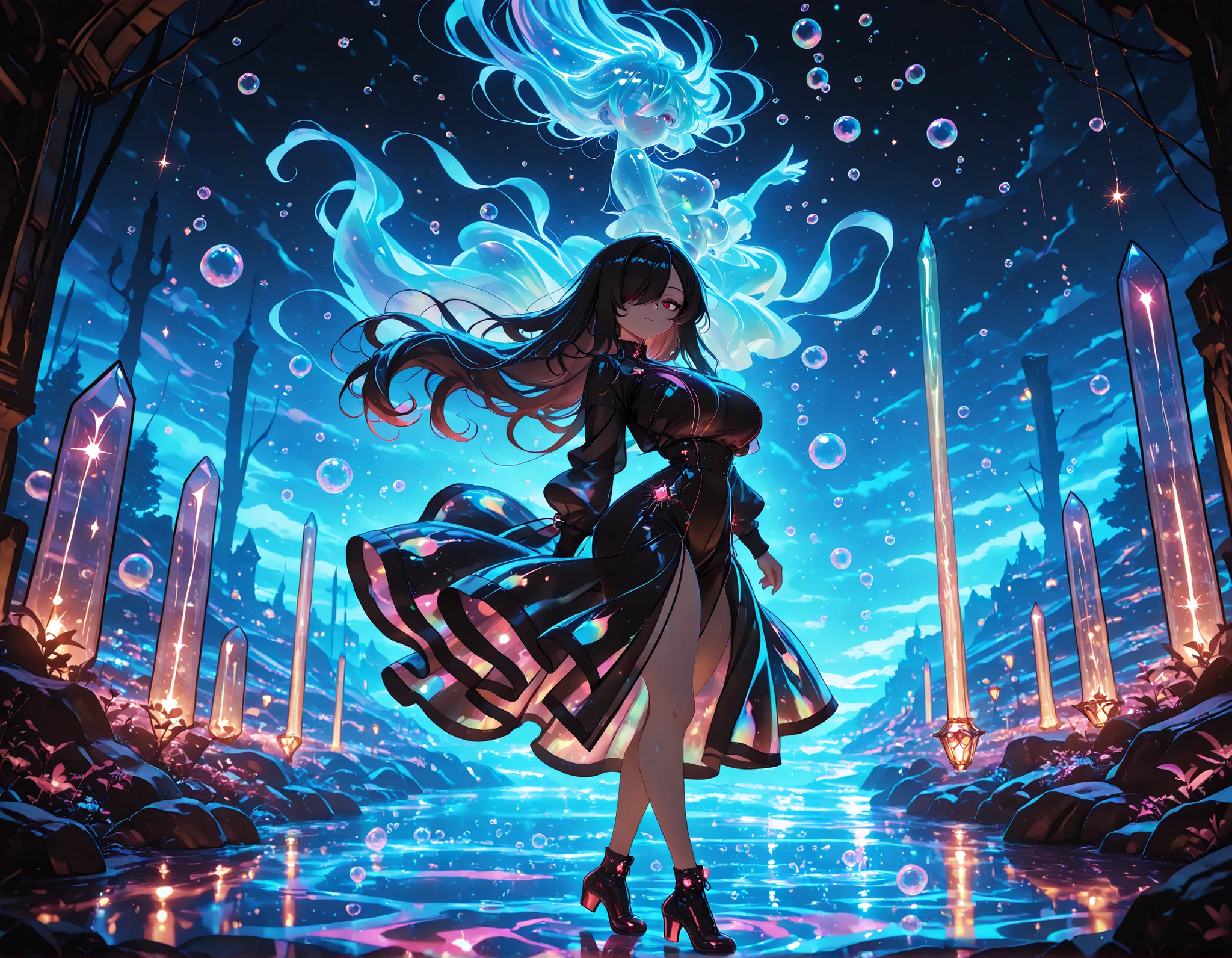 1girl, Kuroki Monika, black hair, very long hair, hair over right eye, red eyes, large breasts, petite, curvy, very cute Black color fashion outfit, Black Mantle,
walking,((( floating clothes,floating hair))),looking at viewer, from side, wind, night,
,(Masterpiece ),(best_quality ),(HD_eyes),(ultra_quality ),(Detailed),(scenery),(cinematic_lighting ),(depth),(detailed hands ),(colorful masterpiece ),(high-definition_eyes ),misty, bubble, fantasy, transparent jewel, transparent crystal, light, glow, shine, shining, fox ghost silhouette in the background, neon colors, glowing, glow effect, vibrant colors, high contrast, fluorescent, luminescence, light effects, chromatic lighting, colorful lighting, bright outlines, neon lineart, dark background, digital art
