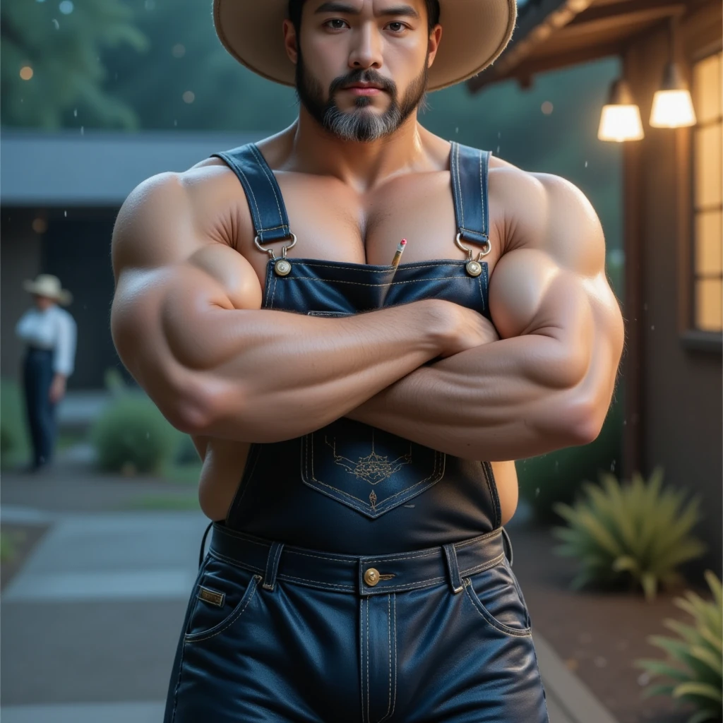 crew cut, (((full body))), (((landscape))), mature man, [slightly fat], asian man, rounded face, brown eyes, ((rounded face)), glasses, balding, 1boy, Solo, (big shoulders), (((stubbles, Short beard))),luigi, mustache, green shirt, overalls, green hat, white gloves, 
looking at viewer, serious, outside, castle background, blue sky,  extremely detailed, hdr,