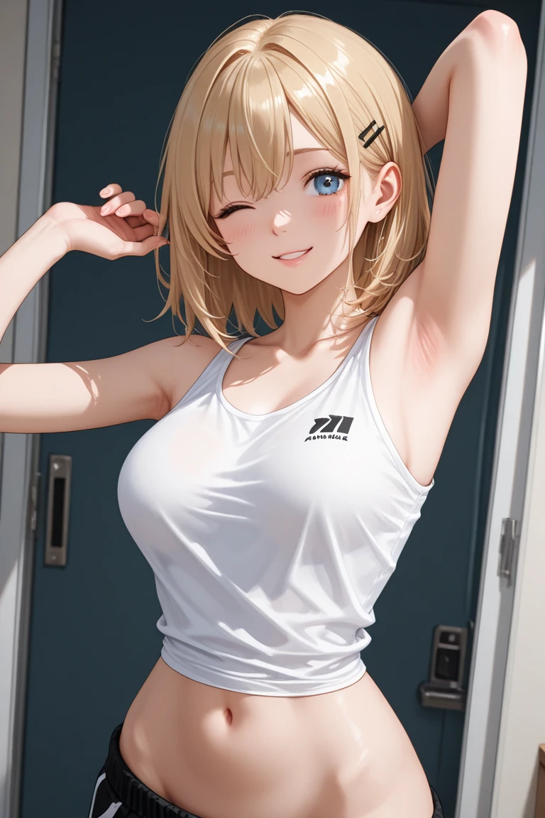 Japanese junior and senior high school girl Athletics Club activities Outdoors Raise both arms wide During a sprint competition Goal scene Beautiful girl Blonde Short hair Small breasts Slim Beautiful legs Delicate and beautiful skin White tank top Navel exposed Sweating profusely Hair is wild and disheveled shy expression