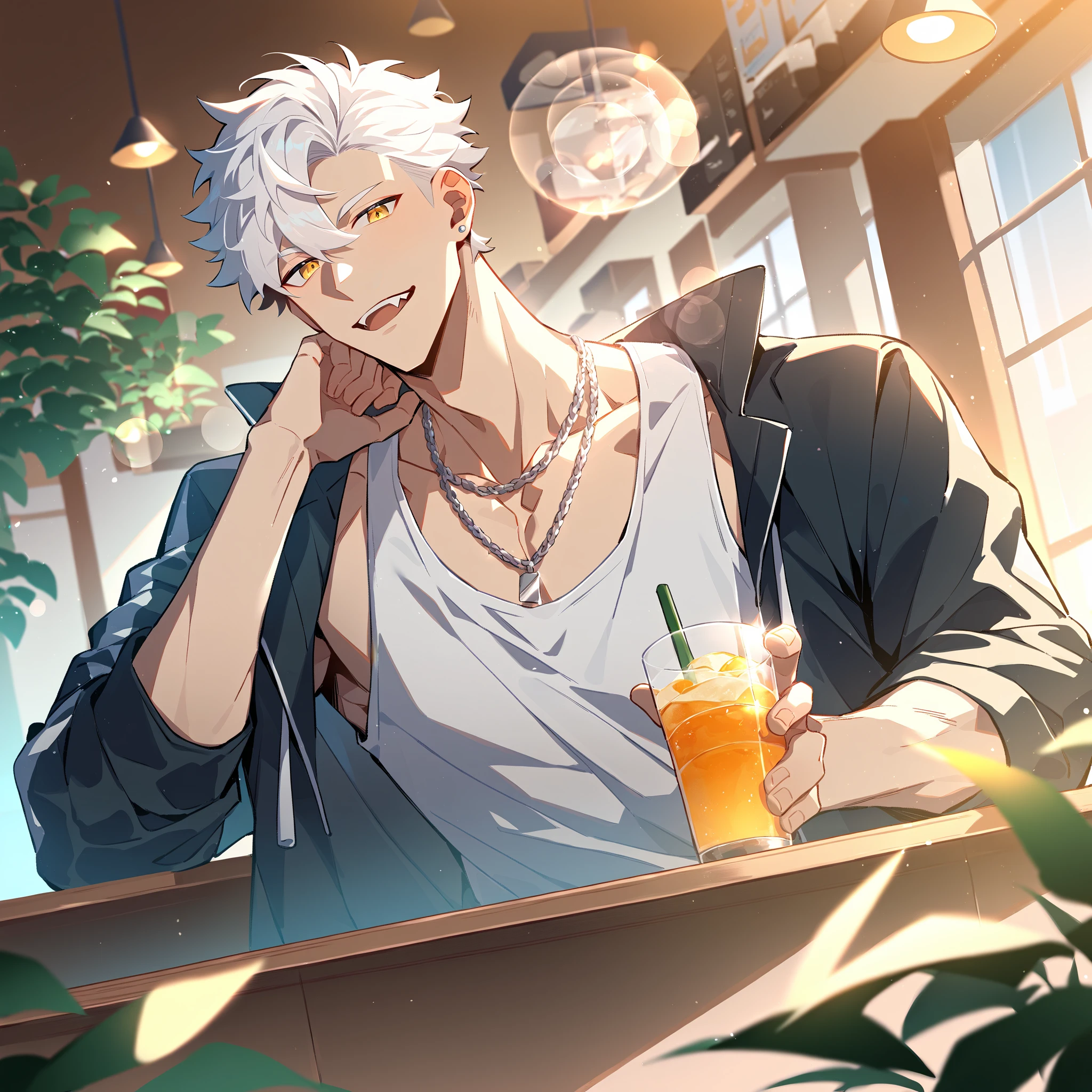 Handsome, solo, 1 male, super short hair, white hair, smile facial, (shirt), closed eyes, ((загадочное выражение лица)), ((загадочная улыбка))