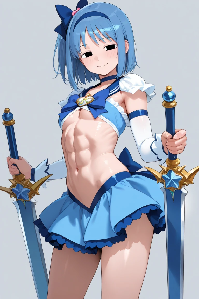 masterpiece、highest quality、looking at viewer、Cowboy Shot、Depth of written boundary、walk、smile、1 boy、solo、Cure Berry as a boy、Wrist Cuffs、Blue Skirt、Side Ponytail、Blue Boots、gem、hair band、Navy knee socks、belly button、Blue Ribbon、Toned body、crossdressing、(male body:1.3)、