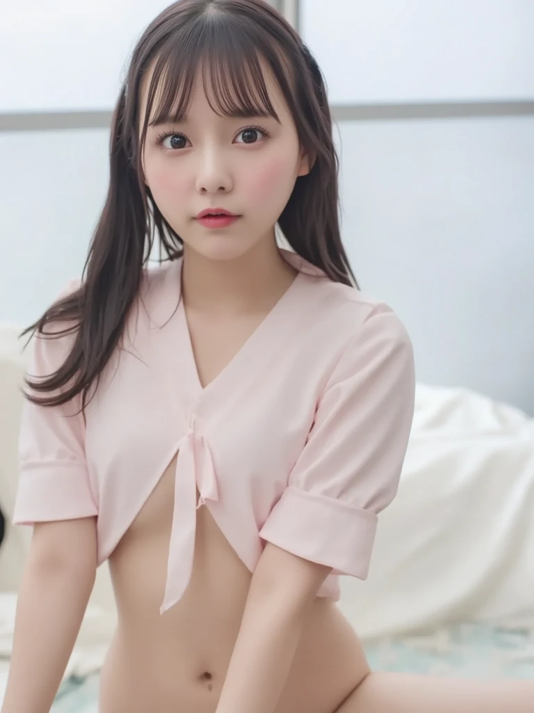 masutepiece, Best Quality, One girl, (Beautiful Girl:1.3), (18 years old:1.3), Very fine eye definition, (Symmetrical eyes:1.3), (Childish clothes:1.3), Beautiful breasts, Brown eyes, Parted bangs, Brown hair、fullnude、Female、The chest is visible、Small、Beautiful breasts、Perfect little、 Color Pale pink、short-hair、I'm embarrassed、deep in the night、Indirect lighting of movies in a dimly lit room、Lustful、Fair skin, disheveled hair, Super Cute、Soft and face、Brown hair、8K resolution、A hyper-realistic、ultra-definition、 Soft body toned ass night、A cup small breasts((Highest Definition、8K、masterpiece:1.3))、Ultra-fine face、Ultra Fine Lips、Fine eyes、二重まぶた、Pink see-through:1.1、Blush cheeks with embarrassment、Pulling up chest with hands in embarrassment、Not wearing underwear、spreading legs、Wearing stockings、Has an erotic face、Sweating、Bare、Wrap only a ribbon around your neck、I was about to finish taking off my uniform、hi-school girl、a beautiful slender girl、Pink see-through