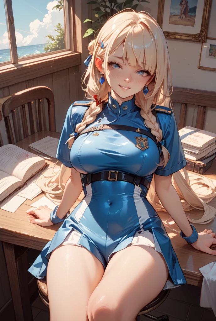 a sexy nurse girl, long blonde straight hair, blue eyes, beautiful eyes, blush on make up, long eyelashes, white-blue colored high waist one-piece con dress nurse uniform, (camouflage uniform), stockings, garter belt, big breasts, blushing, smiling, (high quality), (best quality), (full body camera shot), sexy lips, cleavage, big hips, sexy thighs