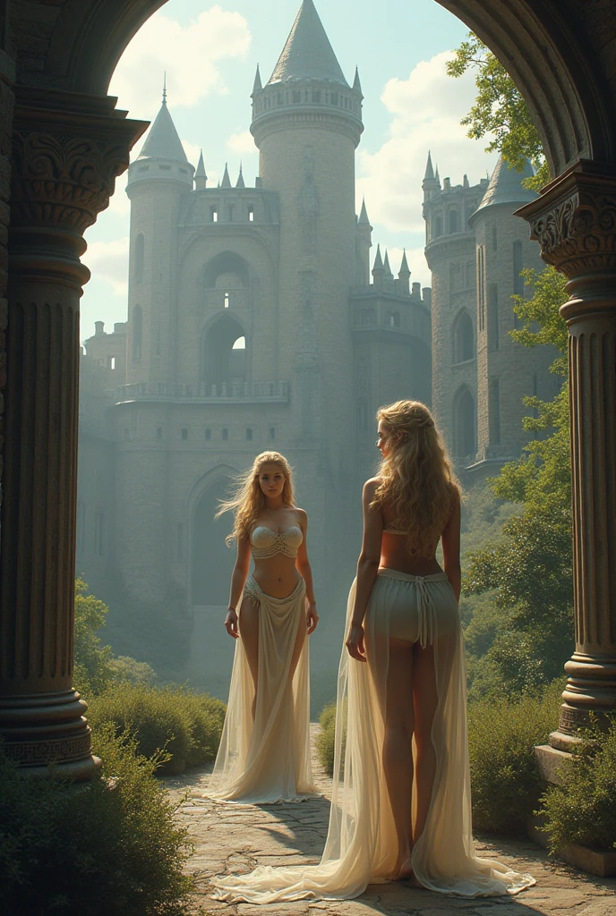  young little girls .about a castle on a mountain with a lake athletic bodies thin big breasts big buttocks long hair. golden clothes with crown .pearl 