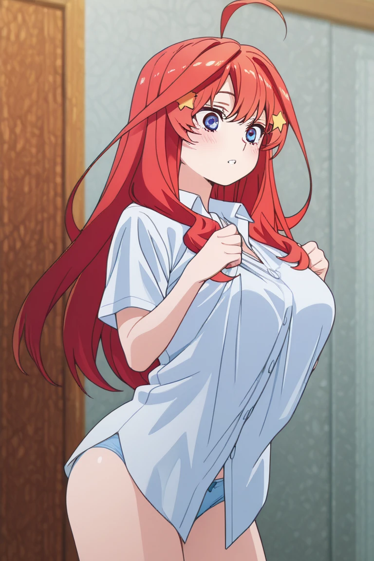 (Highest quality, 4K, 8k, High resolution, masterpiece:1.2), Very detailed, Picturesque, Animated Photography, Photo Animation:1.37)、Japanese schoolgirl、(Red Hair)、(Long Hair)、(yellow star hair ornament)、nurse, nurse cap, breast pocket, collared dress, short dress, short sleeves, thighs, white dress, white headwear,pussy juice、Black choker、Ecstasy face、Sweat、Are crying、vapor、trembling、Nakano May