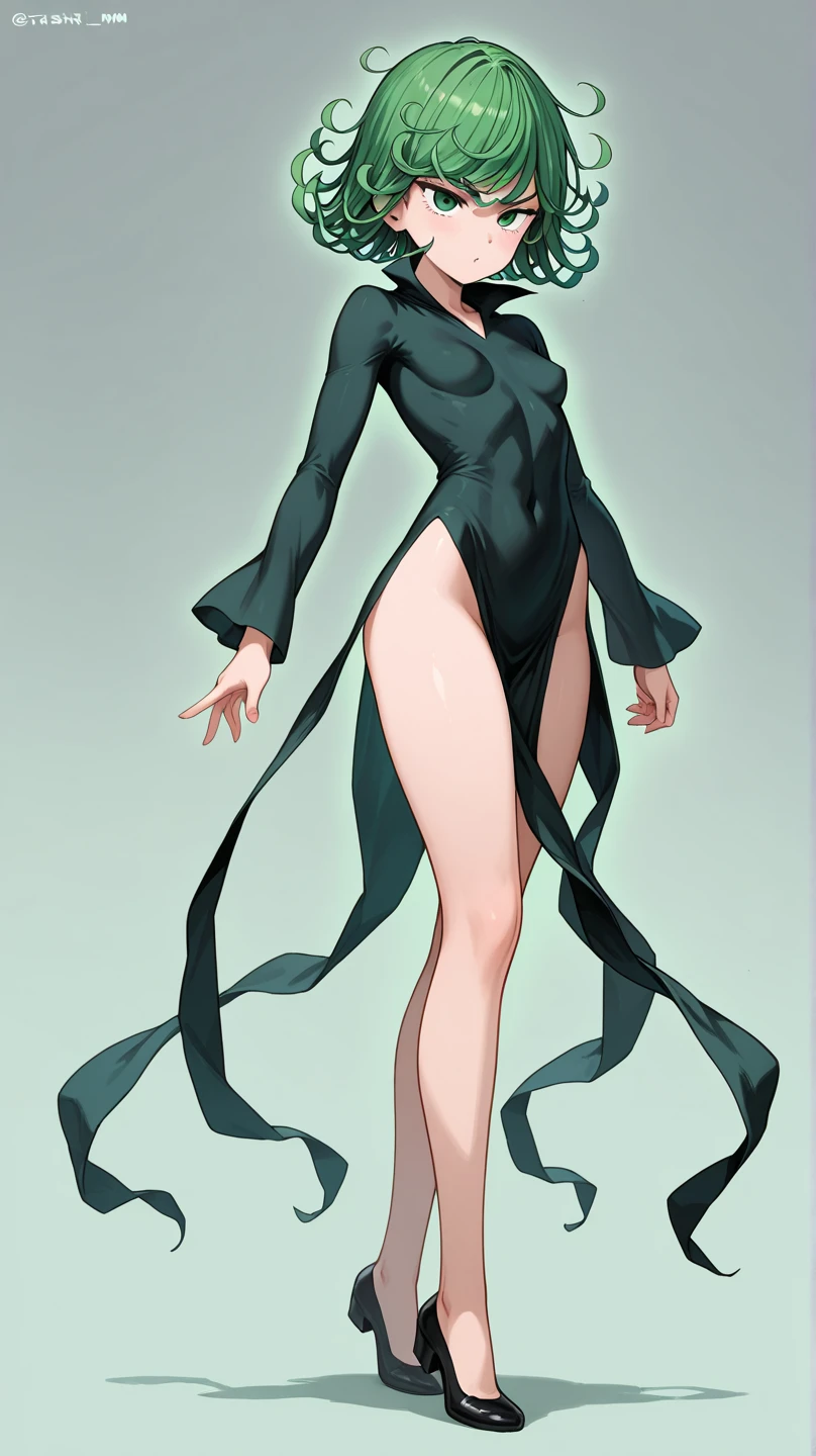 (((pixel-perfect, detail-perfect))), solo, 1girl, tatsumaki, black dress, looking at viewer, closed mouth,tight dress, standing in sexy pose,half body view