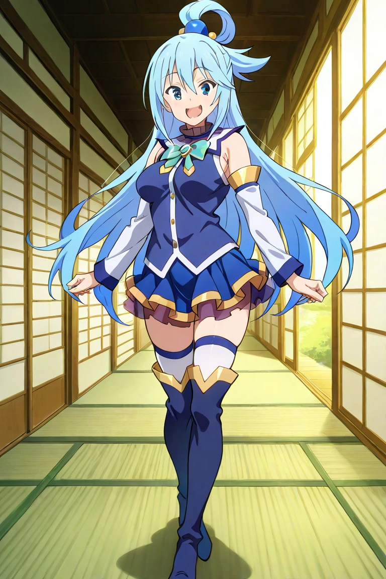 1 girl, alone, aqua, (masterpiece, best quality: 1.2), blushing, smile, long hair, blue hair, blue eyes, smile, closed mouth, mocking grimace, hand holding chest, full body, sexy body , looking at viewer, looking back, from behind, focus on ass, point of view (from below), hold, sorceress staff, hair rings, large breasts, medium waist, wide hips, wide thighs, round butt, shirt blue, bow, short sleeves, blue skirt with yellow details, short skirt, bare thighs, bare shoulders, open field, meadows, lake, perfect anatomy, perfect hands
