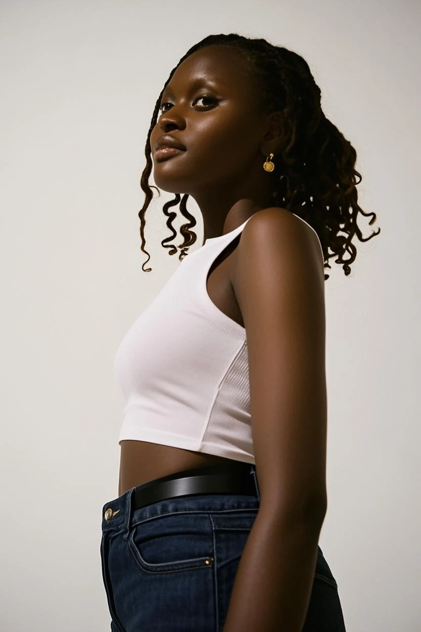 Michelle Garfield, a 25 year old black woman, this person does not exist, bitlife, folk singer, very short black hair in a pixie cut haircut, ebony skin, gorgeous, beautiful face, sexy body, standing inside of a recording studio, wearing jeans with a black tanktop entire body visible, full body, hyperrealistic, best quality, 8K, real human skin, masterpiece, extremely intricate, medium closeup, detailed eyes, detailed face, detailed body, exaggerated features, pronounced features