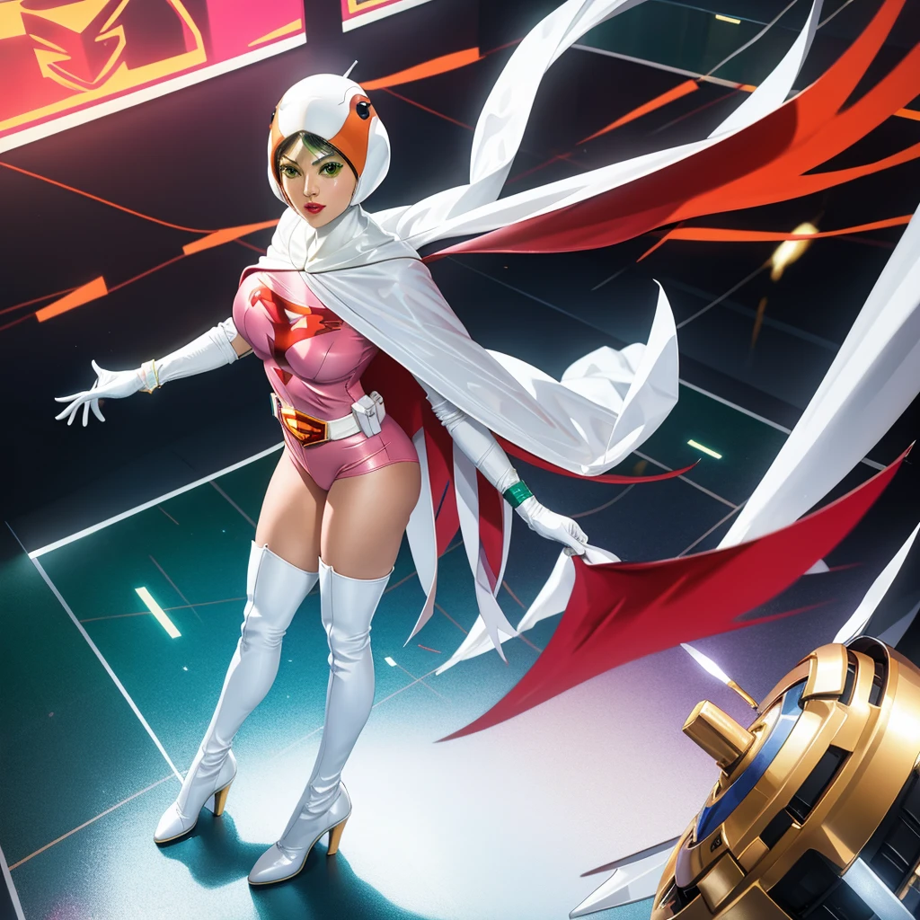 ANI_CLASSIC_jun_gatchaman_ownwaifu,1girl, 15yo,good anatomy, masterpiece, best quality,realistic, hyper realistic, 16k hdr, long hair,breasts,lips,large breasts,lipstick,makeup,gloves,cape,helmet,belt,elbow gloves,white gloves,mask,ultra miniskirt,leotard,spacesuit,white tight overknee highheels boots,pink dress,superhero,bodysuit,cleavage,erected nipples,(stand pose,front view),(spread legs:1.1),cameltoe