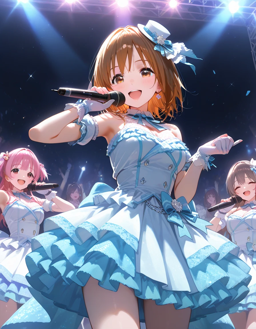 Light brown hair、Silver Eyes、bikini、Idol Stage、audience、audience、A lot of people、