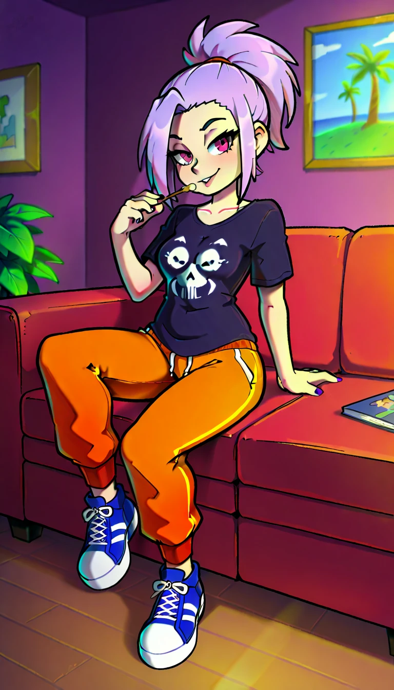 (masterpiece), Highest quality, Expressive eyes, Neon pastel aesthetics, Retro 90s, Neon color,((Girl sitting on sofa,In a cozy room,Records hanging on her wall, Comic books on the floor, Looking out the window behind her at the night city, Upholstered room, Anime figures lined up on a shelf)), Wearing headphones, (All around her it sparkles), (wearing thick colorful sneakers), (blue eyes), (Soft look), (Synthwave Art Style), Colorful Hair, Desk with PC set up
