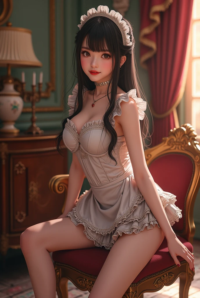 girl in a short dress standing in front of a window, in dress, red panties, cute a nice dress, wearing a black dress, anime girl in a maid costume, gorgeous maid, long hair, smooth , red bikini outfit, full body, standing beside the window