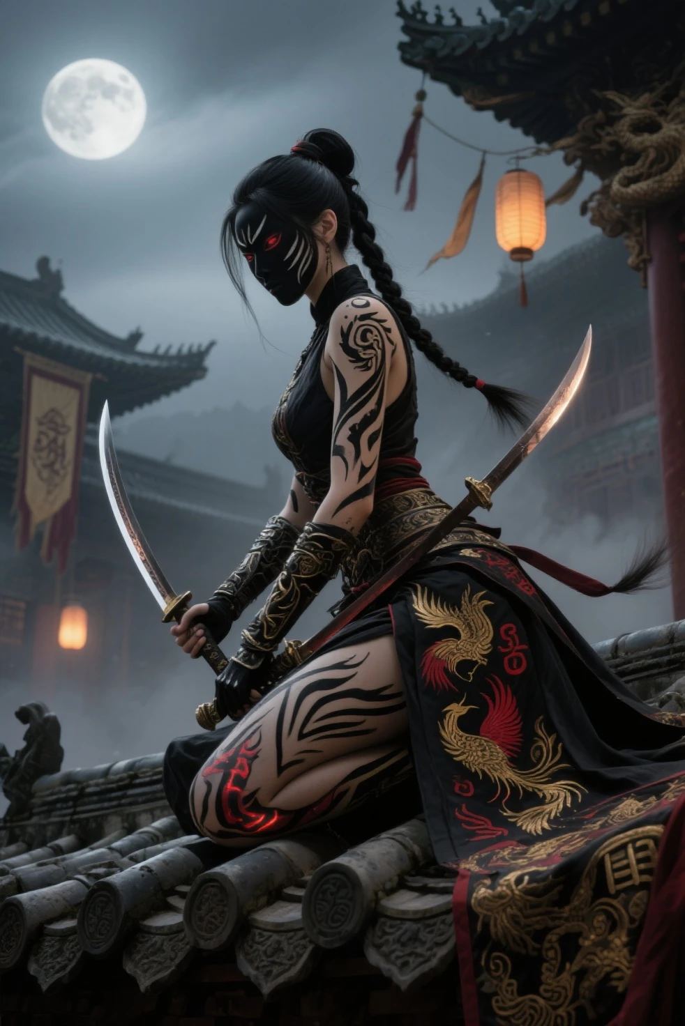 A woman (sitting on one knee) with a sword in her hand, very beautiful cyberpunk samurai, she is holding a katana, pulling the katana out of the ??????, she is holding a katana sword, wearing a mask Korean style ornate in the back, Realistic 3 d anime style, fantasy anime artwork, cgsociety 9, fantasy anime artwork 2. 5 d cgi, realistic 3 d anime Te. Beautiful posture. play the role of an assassin.