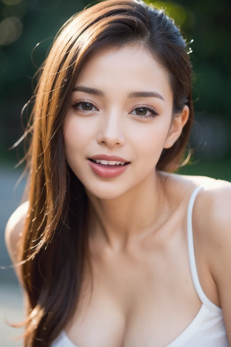 Fashion model 16 years old [[[[closeup cleavage]]]], [[[[boobgasm]]]], [[[[coll]]]], [[[[bshoulders]]]], perfect  eyes, Perfect iris，Perfect lips，perfect teeth，Perfect skin，with fair skin，Soft front light，hdr，Movie girl，Casual，ssmile，The background is outdoor，Green trees and flowers，（pastel colour：1.2）