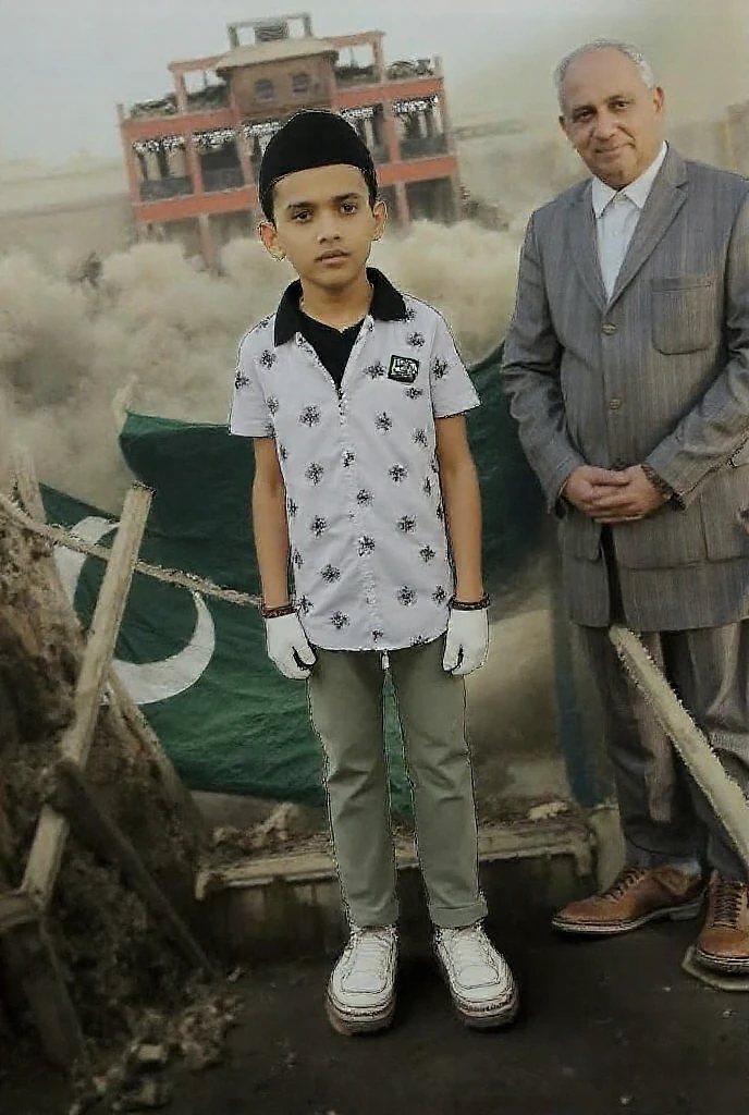 A 14 years boy wearing a Abdul wahab named t shirt of 14 august and he has gun in his hand and standing with ford Mustang 