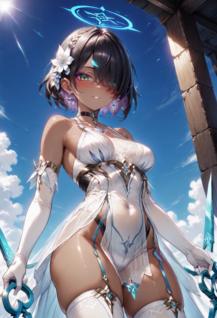 1 girl, , black hair, black hair,short hair, short hair, bangs cover the forehead, hair over one eye, hair covers one eye, hair cover one eye, big green eyes, purple makeup ar eyes, little blushing, little blushing, black choker, medium breast, medium breast, medium breast, brown skin, brown skin, brown skin, brown skin, seductive face, breasts, bare shoulders, thighhighs, gloves, elbow gloves, see-through, white thighhighs, white femenine boots, medium breasts, loslyn clothes, scolding the viewer, scolding the viewer, dinamic pose, technological cosmetic horn on the hair, technological cosmetic on the hair, technological cosmetic on the hair, technological giant scissors as a weapon, technological giant scissors as weapons in the hands, technological giant scissors as a weapon, technological giant scissors as weapons in the hands, technological giant scissors as a weapon, technological giant scissors as weapons in the hands, technological giant scissors as a weapon, technological giant scissors as weapons in the hands, Giant scissors emanate ice power, Giant scissors emanate ice power, view from below, view from below, 