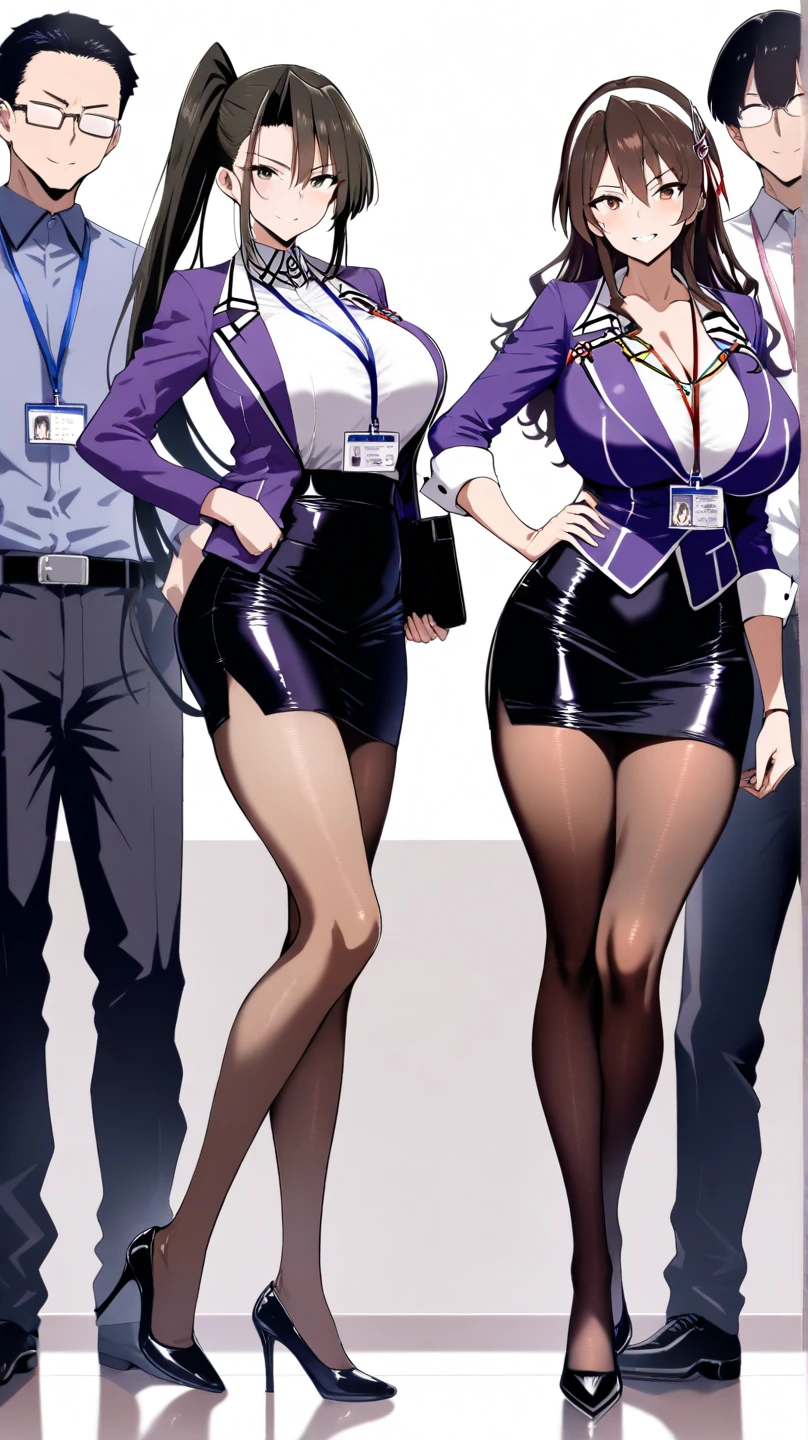 masterpiece,best quality,(thousands of, crowd of), identical girls,mlprarity,colored skin,hair ornament,purple hair,blue eyes,business suit,blazer, pencil skirt, bare legs, high heels,posing,office, full body, smile, crowd shot, group pose, twins, clones, matching outfit, matching hairstyle, matching face
