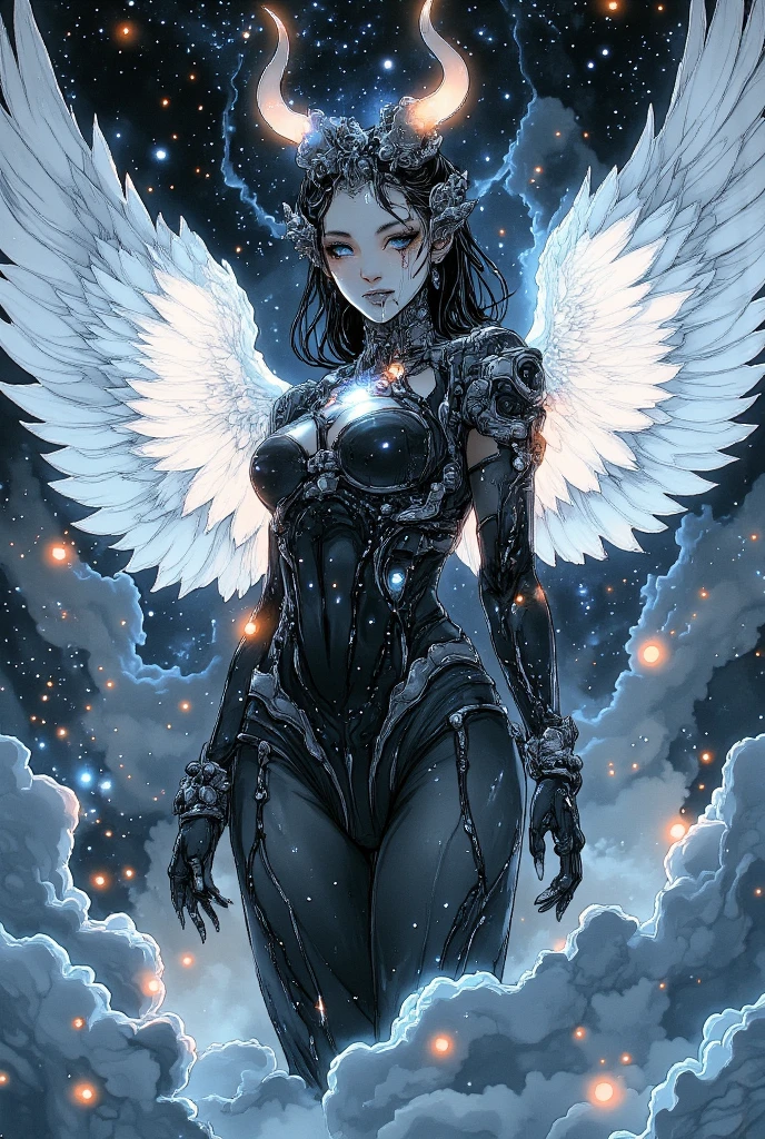 topquality、Complex background ,outer space,tmasterpiece、超High resolution、(photorealestic:1.4)、RAW photo、Battle of the Cyborg Angel、Detailed hands,Large wings made of metal、White porcelain case、Acrylic transparent cover、gray hairs、Glowy skin、1 cyborg girl、((Super realistic details))、portlate、Global Illumination、ombre、Octane rendering、8K、Ultra-spicy、Symbolic light around the edges,Colossal tits、Raw skin is exposed when split、Details of complex ornaments、Детали Double Zeta Gundam、hydraulic cylinder、Small LED Bulb、Very complex detailing、Realistic light、Purple eye、Radiant Eyes、facing the camera、neon details、cowboy  shot、Futuristic headdress、About Cyberpunk、、