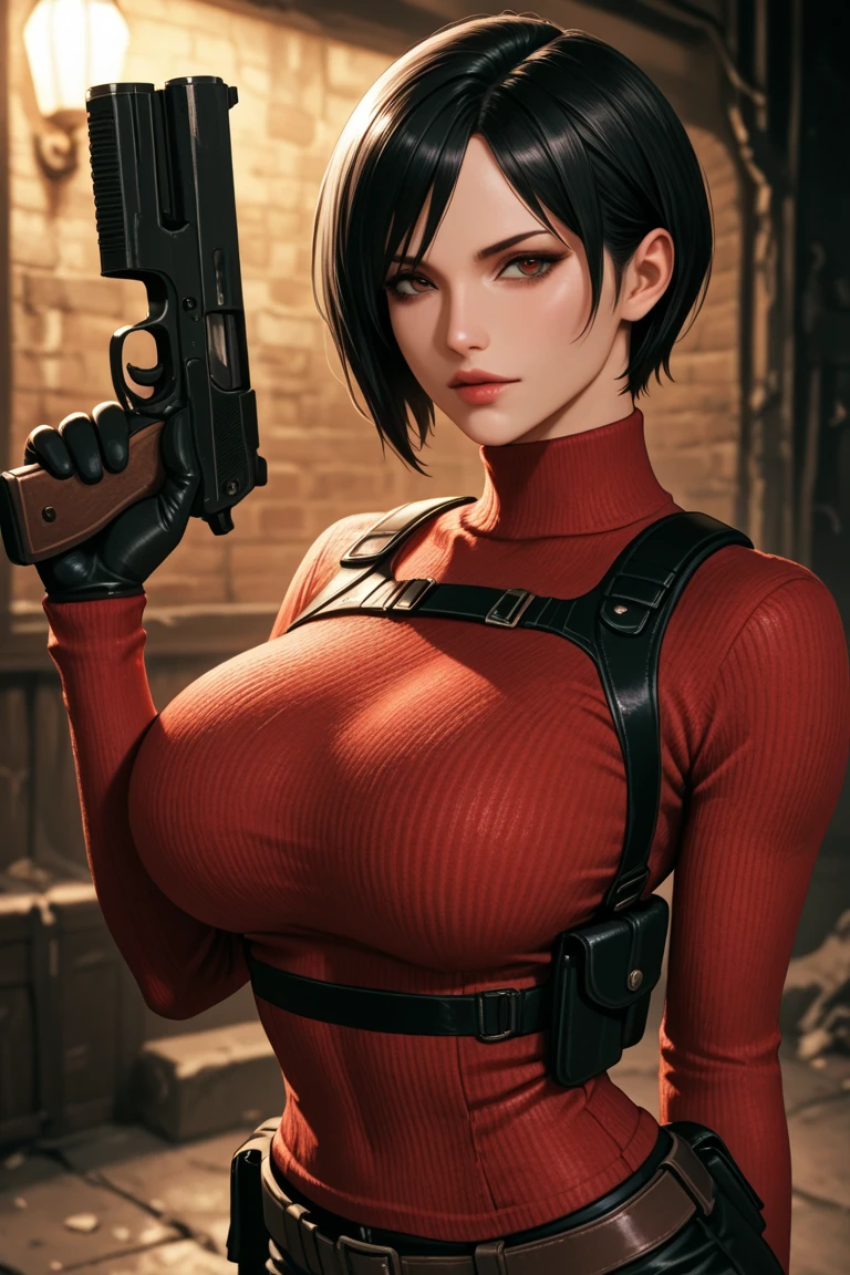 girl posing with machine gun, BREAK, 1girl, holding  auto machine gun, breast, large breast, red lace-trimmed bra, two thin straps, breasts apart, choker with heart pendant, detailed shiny skin, detailed face, v-shape eyes, red eye shadow, windswept, short black hair, messy long bang, suspender, detailed sweat, glove, dramatic side lighting, red lipstick, (looking at viewer:1.4), (realistic:1.3), (best_quality, masterpiece:1.2), (highly detailed), (4k, 8k, uhd, high_resolution, highres), 