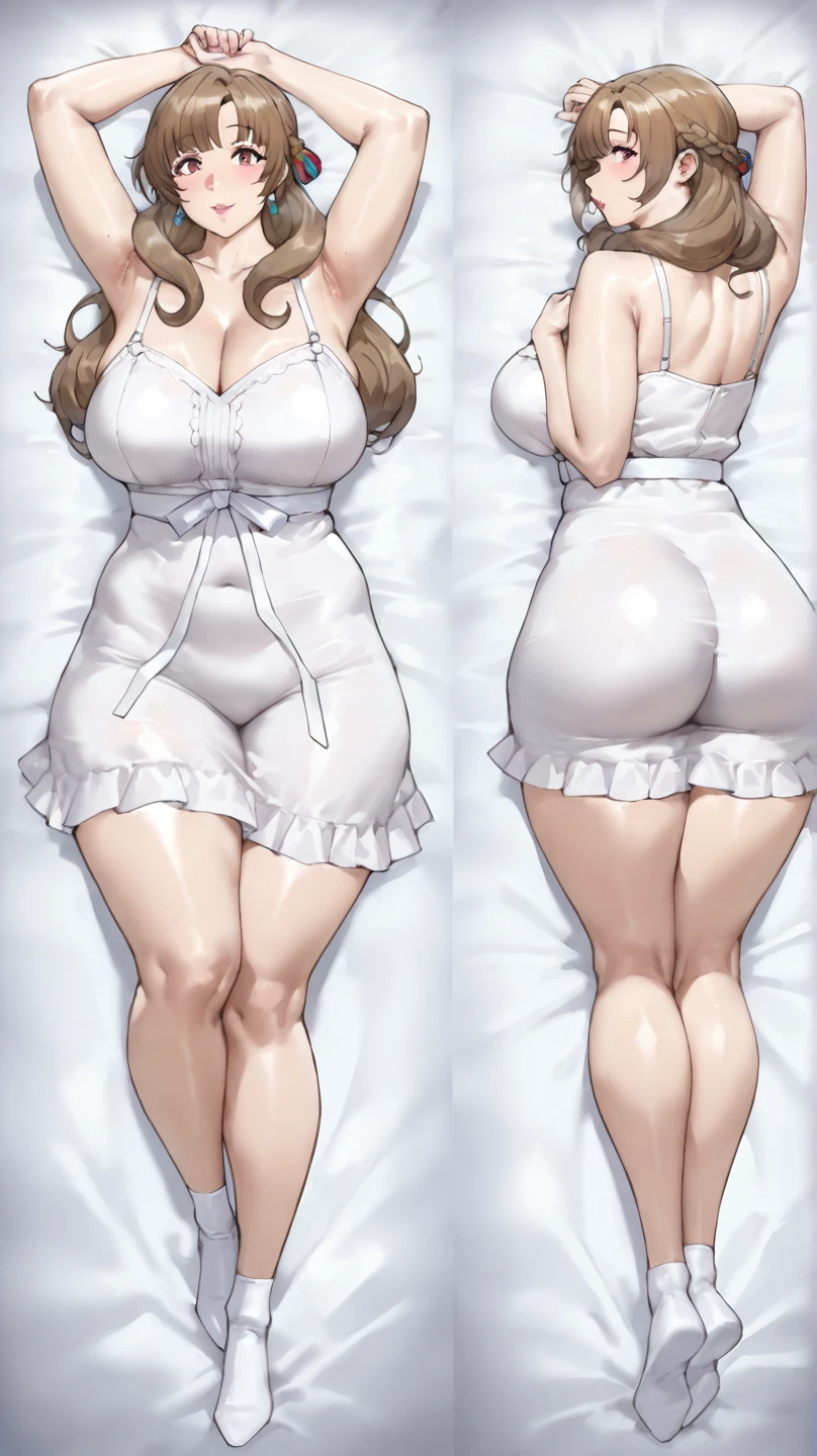 Tsubaki Miyajima (Saimin Seishidou) XL pony LORA, 1milf, mature female, mothely, (seductive fat bodies), purple hair, single braid, best quality, masterpiece, high quality, ultra-detailed, lying on bed, full body, dakimakura, open mouth, detailed face, from behind, large breasts, black dress, arm up, detailed female body