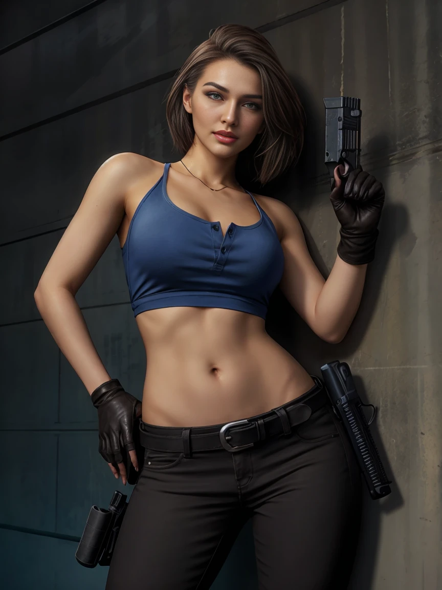 motor irreal:1.4,CG ultra realista 64K, fotorrealista:1.4, textura de la piel:1.4, obra maestra:1.4,posing behind Beautiful woman holding gun, ak-47, assault rifle, kalashnikov rifle, trigger_discipline, low-ready with babydoll lingerie、Ropa corta estilo cyberpunk color amarillo, pantimedias red , Mini falda azul,