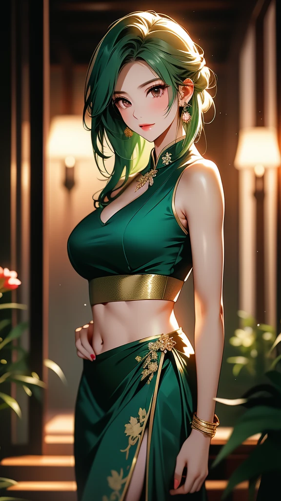 (masterpiece, best quality, photorealistic, cinematic), expressive eyes, perfect face, perfect hands, ((large cleavage)), long round legs, round ass, ((voluptuous anime girl)), (((anime girl posing in a form-fitting see-through light green and sleeveless kimono-style blouse, tied with a dark obi around her waist and short dark green shorts))), ((black-haired mage, a simple flowing hairstyle)), seductive anime girl, Ayaka genshin impact, extremely detailed artgerm, from girls frontline, range murata and artgerm, xianxia, style artgerm, beautiful alluring anime woman, thicc, guweiz on artstation pixiv, ((nude)), ((medium shot, front view)), ((dynamic background)), ((both hands at the back of her waist)), ((lean forward))
