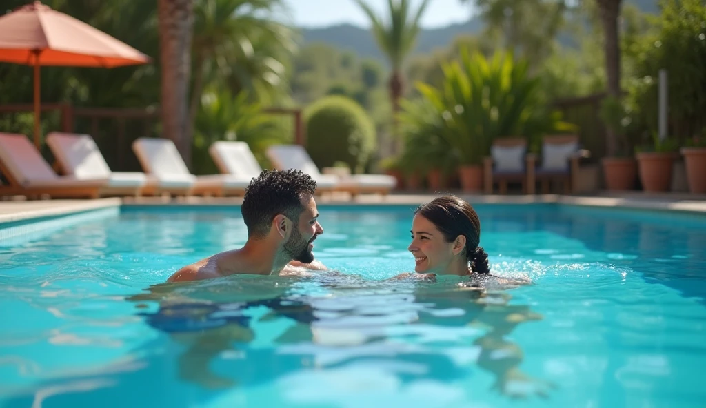 Please help me generate a cartoon picture,In a swimming pool,Girl hugs boy like a koala in the pool,Two people wearing swimsuits
