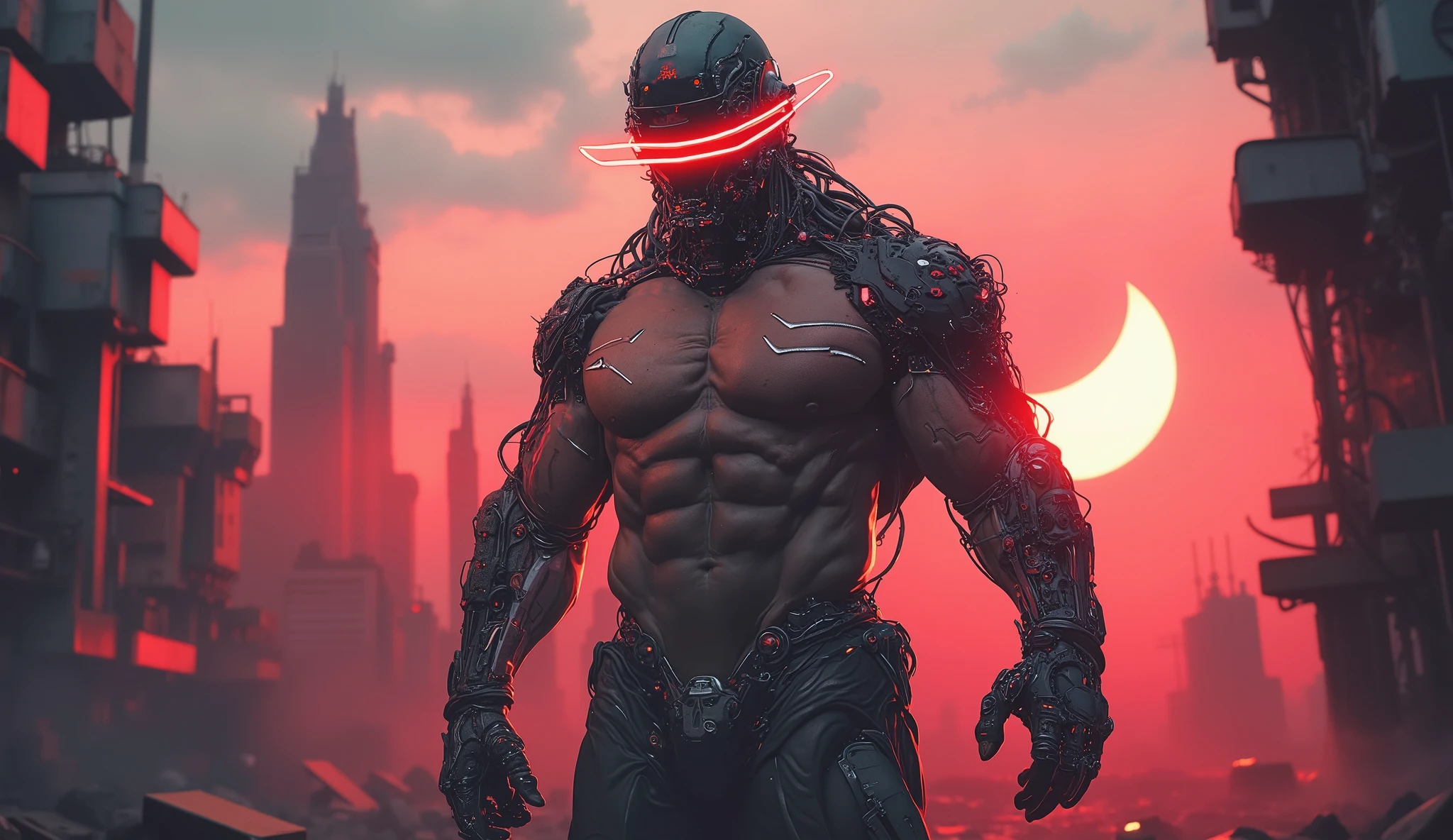 Full length detailed view. full sexy body, sexy muscle hybrid strong man and half cyborg animal, with big muscles looking into the camera, sexy muscle hyprid, hd realistic sharp details of the skin, beautyful eyes, cyborg hair, looking strong, a sexy mechanical outfit, in the background is a sun eclipse, Opalescence technical digital design. perfect eyes, top quality neo-Harajuku style embodying the mood of a post-apocalyptic world of an destroyed city by daylight, intricate robotic details, space age attire highlighted by sharp contrasting shadows, startlingly vibrant red neon colors, atmospheric dust particles, decaying beach background , digital UHD rendering, a breathtaking mix of fashion and dystopia. In white red and light black &white tones, hyper-realistic portrait in white, black and red.(rede: 0.4), (natural skin texture,(facial details: 1.05) Hyperrealism, soft light, Sharpness (dark frame: 1.1), epic realism, full of quiet elegance. high contrast, cinematic lighting, and a whisper of metallic shine on the fabric. editorial, timeless chic. white, black and yellow details, photo from far away, full body girl picture, sexy, robotic parts, big moon, big sun, detailed
