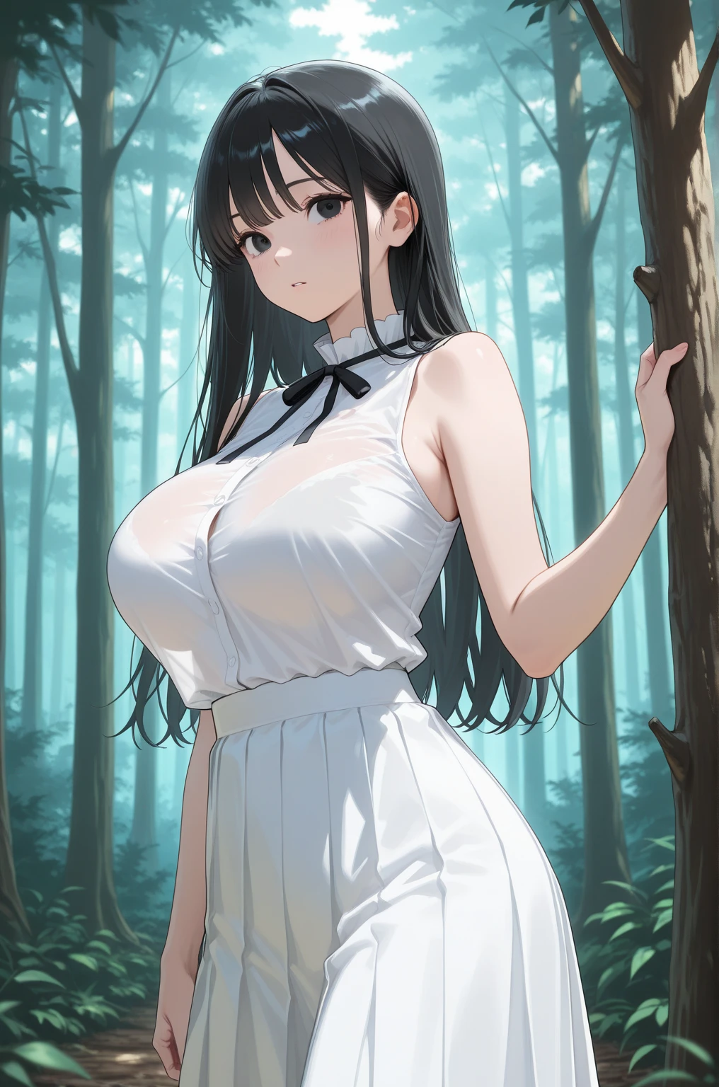 8K, Highest quality, masterpiece, Very detailed, Semi-realistic, girl, girl, 20-year-old, Look at your hands, Long dark brown hair with bangs, Curly Hair, Green Eyes, Black Japanese-style cut clothes, White pants, Bare shoulders, golden details, Thin body type, Cold look, Battle Scenes, Outdoor, Forest Background, Lots of trees and dark skies