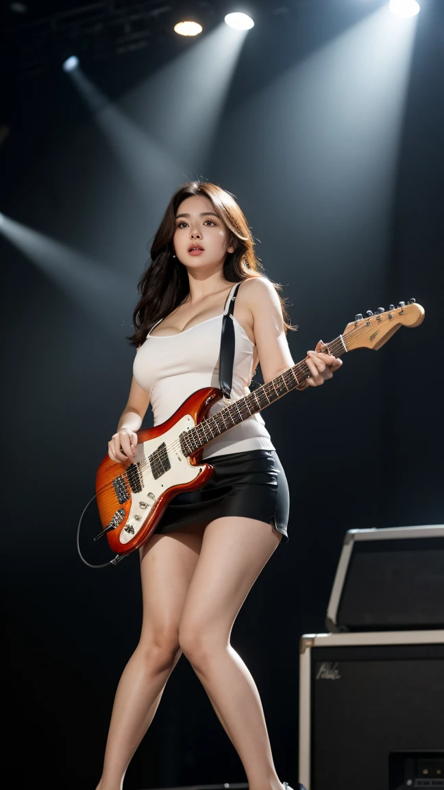 1womanl、(Super beautiful)、(beauitful face:1.5)、(A detailed face:1.5)、(A detailed eye:1.1)、(Detailed lips:1.1)、(Detailed nose:1.1)、(plays the electric guitar:1.5)、(electric guitar:1.5)、(with spreading legs:1.2)、(Showing white panties:1.4)、(tshirts)、(a miniskirt:1.5)、(light brown hair:1.1)、(on stage at a rock concert:1.3)、(At SFW:1.1)