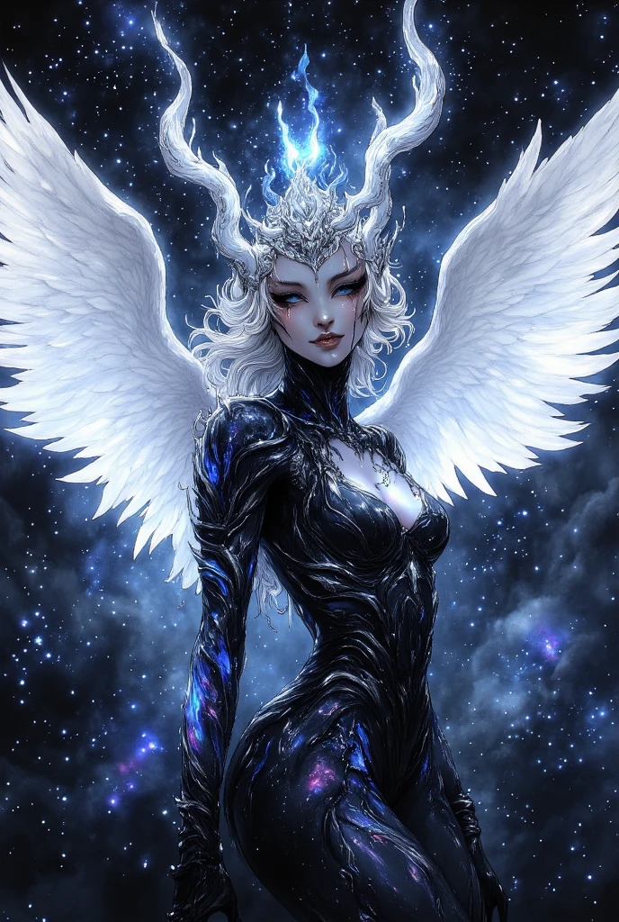 ((space, Distant stars), (Fantastic image, very beautiful - space girl), (1 girl; 1.3), (Face. figure))). ((Graceful forms. Graceful girl). (high quality), (stylization - animation, realism). (Dark cool colors mixed with warm shades). (angel girl), (photorealistic, Cinematic picture), (high detail, complete black hole, 8K. dynamic expressive image)). ((Very detailed eyes and face))), Beautiful detailed eyes. masterpiece, Best quality, full length portrait, amazing beauty, dynamic pose, нежное Face, and bright eyes)). ((She wears transparent, semi-sheer dress, emphasizing a slim figure). (She's an angel, descended into the underworld. She's a savior, light in the dark kingdom, radiating a soft glow. High detail, Other worlds, light of distant stars), (detail, high quality), (Muffled light, dark environments - the spooky cinematic setting is great)). ((Girl with white skin, realistic detailed skin, clear focus, volumetric mist near the floor, 8K, UHD, SLR camera, high quality, granularity. photorealism, lomography, fantastic dark art, Utopian reality)). ((готическое Face, gothic horror atmosphere, зловещая gothic aesthetics), (gothic art style, creepy gothic portrait, dark fantasy, mixed with realism, gothic aesthetics)).((Realistic black leather)).