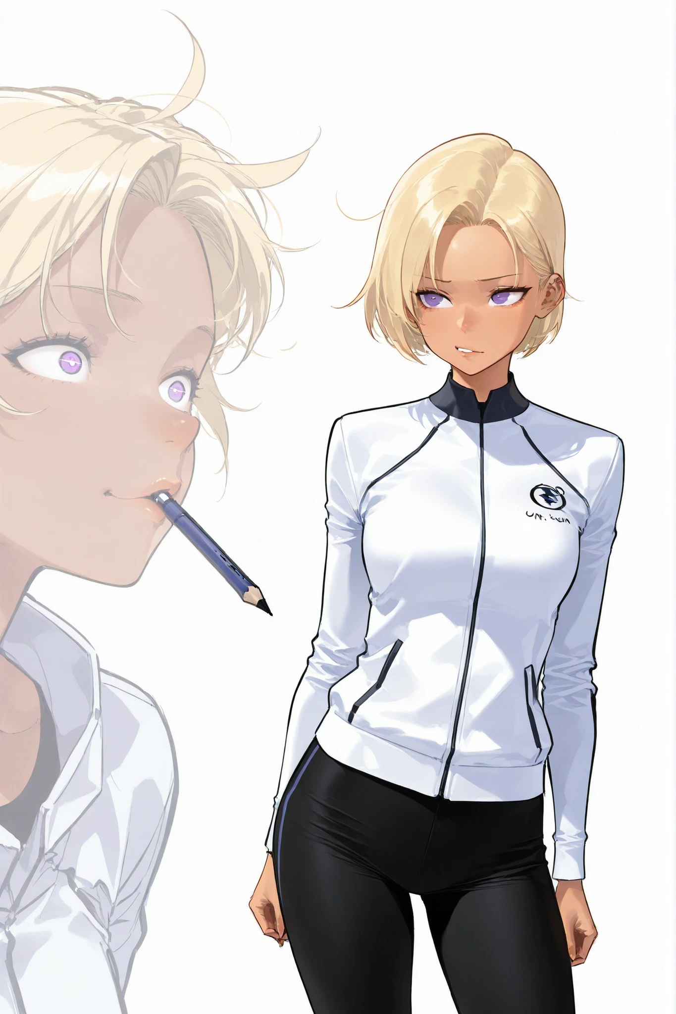 Athletic woman in futuristic fantasy clothes, blonde hair , purple eyes, tan, tight white jacket, black pant, intricate pencil sketch, expressive eyes and nose and mouth, un-zoom, highly detailed, white background, upperbody, Lean to the side , Head tilted, funny face expression