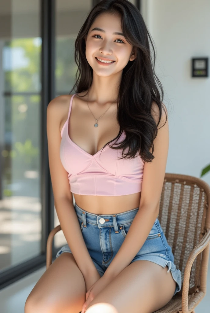 Beautiful girl, busty figure, charming face, beautiful breasts, top, Tumblr, sexy girl, beautiful and unusually beautiful, sexy pose, pink tank top.  Jean shorts
