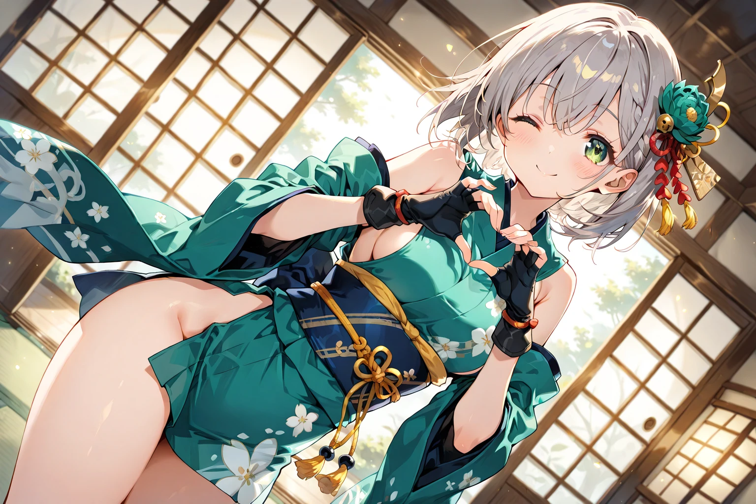 masterpiece,16k,8k,Delicate expression,highest quality,high resolution,High resolution,Sweat,1girl, paw pose,look up,look at viewer, seductive smile,sweat stains,Japanese-style house,green eyes,slender