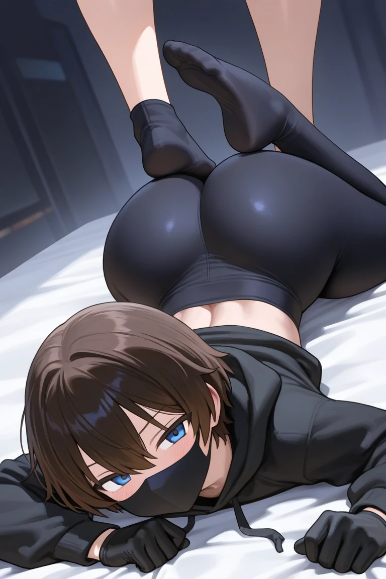 tennis girl's massive rear butt out of bottomless slutty mini sweater out bare and brown boots, showing her vagina, lying down on bed, wearing oven mittens under big pillow, blindfold