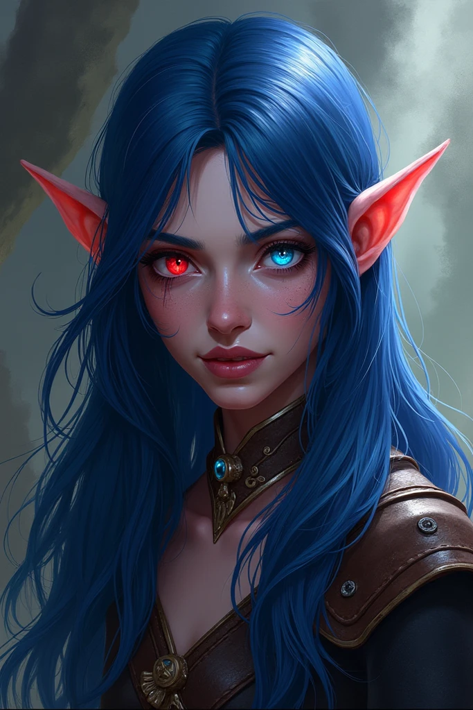 red-skinned tiefling with blue hair and blue eyes