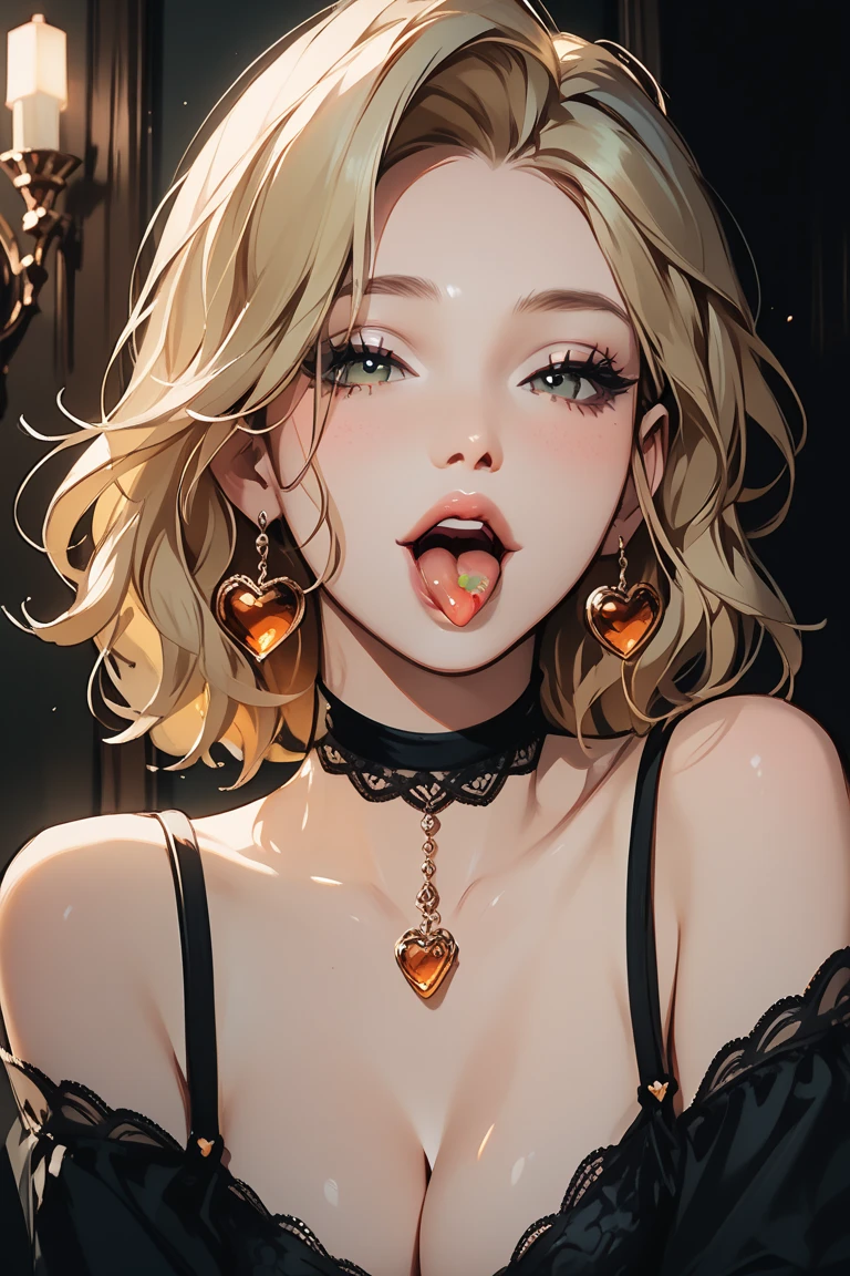 (masterpiece:1.4, best quality:1.2), (real picture, intricate details), 1lady, solo, nsfw, 
Appearance: (milf:1.25), (slender:1.2), green eyes, slender, small breasts, flat chest, hearts in pupils, big pelvis, sharp eyes, ((cum in mouth)) ,too much cum, ((cum)), ((cum on tongue)),cum on hands, 
Clothing: lace bra, 
Accessories: golden ring, simple hoop earrings, shell necklace, 
Hair: long blonde hair, messy hair, hair bow, hair ornament, 
Makeup: natural, glowing skin, 
Location: indoors, 
Behavior: open mouth, tongue, cupping hands, own hands together <lora:murkysCumOnTongue_1:1>,