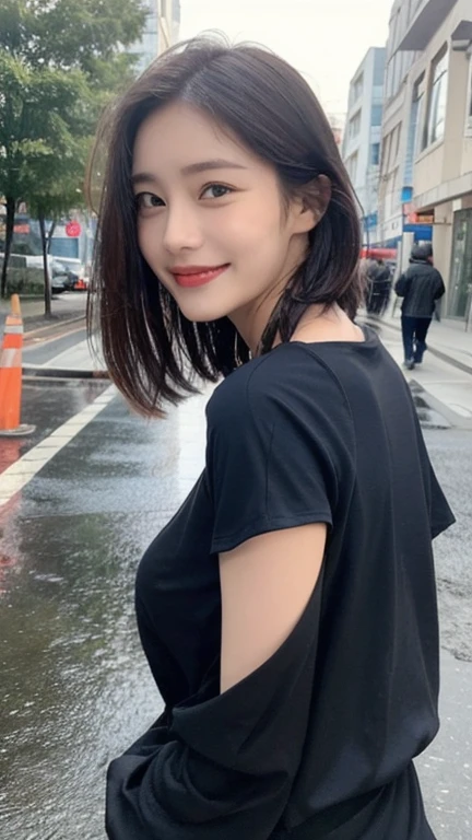 ((Best Quality, 8K, Masterpiece:1.3)), Focus: 1.2, Perfect Body Beauty: 1.4, Buttocks: 1.2, ((Layered Haircut, Breasts: 1.2)), (Wet Clothes: 1.1), (Rain, Street:1.3), Bandeau Dress: 1.1, Highly Detailed Face and Skin Texture, Fine Eyes, Double Eyelids, Whitening Skin, Long Hair, (Shut Up: 1.3), Smile