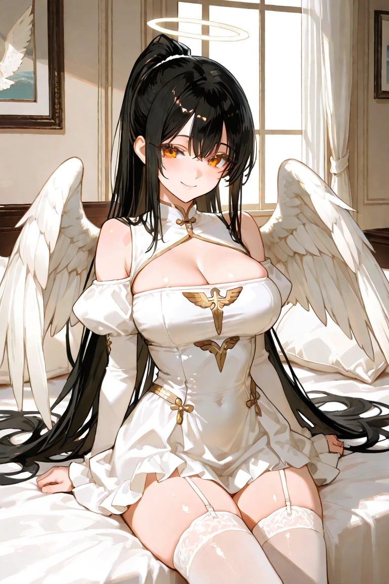 ((best quality)), ((masterpiece)), (detailed), 1woman, long white dress, large breasts, green eyes, super long black hair, beauty mark by left eye, plump lips, white wings on head, halo