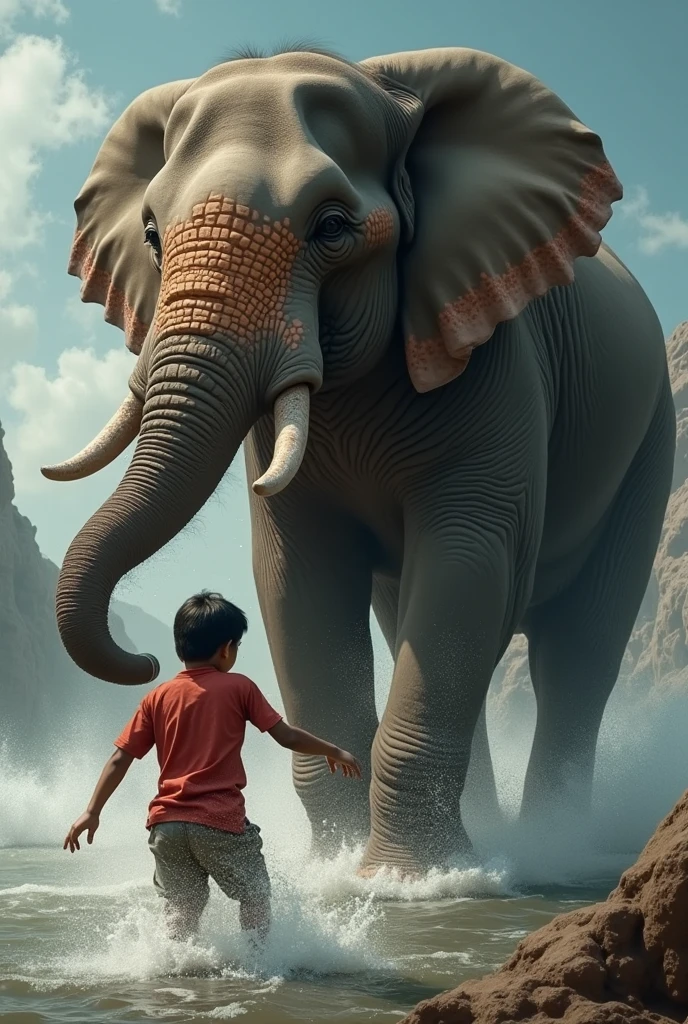 Boy stops his bicycle to look at a large elephant. The elephant raises its trunk and trumpets at Balaraju.