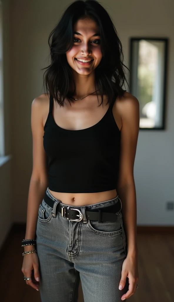 real girl, short hair, black hair, in front of a old house, facing the camera, has black eyes, wearing black tank top, blue jeans